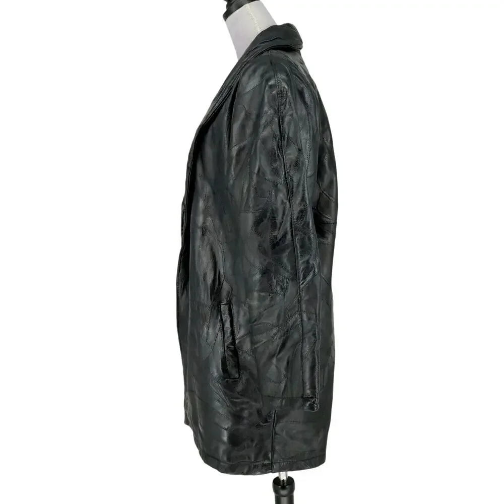 Navarre Leather Coat Jacket Womens Medium Black Lined Patchwork Look Outdoor